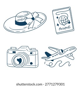 Navy blue travel icon set with airplane camera passport and sun hat