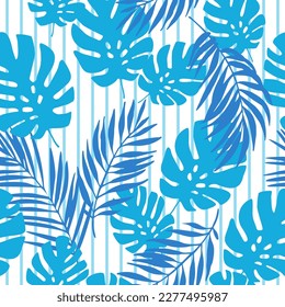 Navy blue tropical leaves on striped background. Seamless tropical pattern. Monstera plant, palm leaf silhouettes, lines, stripe. Vector art illustration for summer design, floral prints, wallpaper