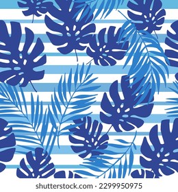 Navy blue tropical leaves on striped background. Seamless tropical pattern. Monstera plant, palm leaf silhouettes, lines, stripe. Vector art illustration for summer design, floral prints, wallpaper