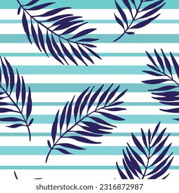 Navy blue tropical leaves on striped background. Seamless tropical pattern. Trendy palm leaf silhouettes, lines, stripe. Vector art illustration for summer design, floral prints, wallpaper