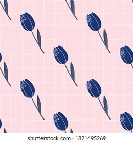 Navy blue tulip silhouettes seamless pattern. Hand drawn floral ornament on pink chequered background. Perfect for wallpaper, textile, wrapping paper, fabric print. Vector illustration.