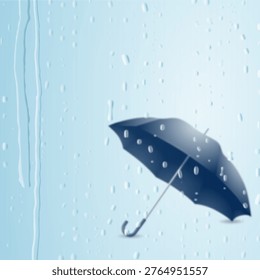 Navy blue umbrella behind rain-covered glass with water droplets, soft blue background, minimal square composition, moody weather, rainy day concept, copy space.
