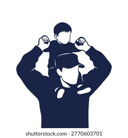 A navy blue vector illustration of a man wearing a cap carrying a small child on his shoulders both making fist gestures with hands up