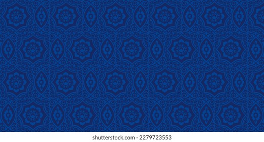 Navy blue vector pattern seamless background. Arabic drawn tile. Trendy home decor. Filigree floral motif. Vector illustration