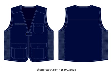 Navy Blue Vest With Multi Pocket and Mesh at Side on White Background.Front and Back View, Vector File