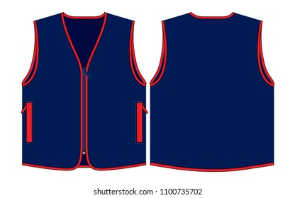 Navy Blue Vest with Red Edge and Pocket Design on White Background .Front and Back Views, Vector File.