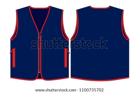 Navy Blue Vest with Red Edge and Pocket Design on White Background .Front and Back Views, Vector File.