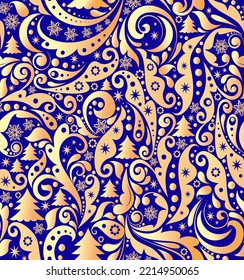 Navy blue vintage Christmas seamless wallpaper with gold abstract floral pattern with snowflakes, star, fir and crescent