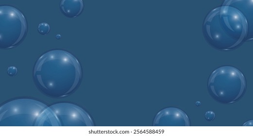 Navy Blue Water Bubbles Abstract Background. Dark blue background with transparent floating water bubbles featuring realistic light reflections and watermark overlay