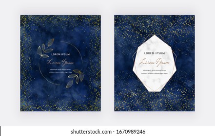 Navy Blue Watercolor Background With Gold Confetti And Geometric Polygonal Lines Frame. Modern Vector Design For Wedding Invitation, Greeting, Banner, Flyer, Poster, Save The Date
