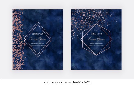 Navy Blue Watercolor Background With Rose Gold Confetti And Geometric Polygonal Lines Frames. Modern Vector Design For Wedding Invitation, Greeting, Banner, Flyer, Poster, Save The Date
