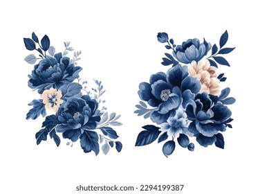 Navy blue watercolor flowers set. Wedding concept. Vector design elements for greeting card or invitation design