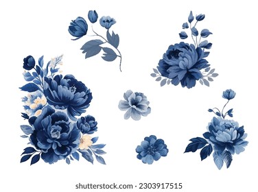 Navy blue watercolor flowers set. Wedding concept. Vector design elements for greeting card or invitation designVintage watercolor