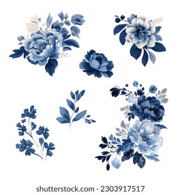 Navy blue watercolor flowers set. Wedding concept. Vector design elements for greeting card or invitation designVintage watercolor