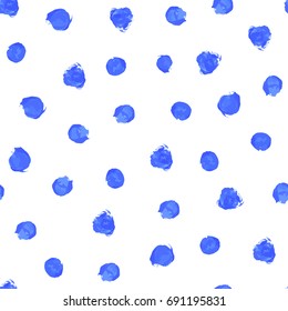 Navy blue watercolor hand painted polka dot seamless pattern on white background. Acrylic ink circles, confetti round texture. Abstract vector illustration for fabric textile, design greeting cards.