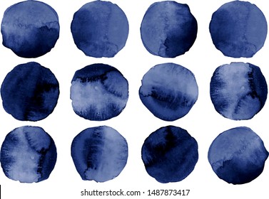 Círculos de acuarela azul marina. Alambres vectoriales aislados en fondo blanco.