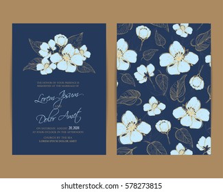 Navy Blue Wedding Invitation Card With Beautiful Flowers.