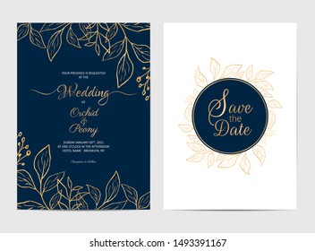 Navy blue wedding invitation cards template with rustic golden leaves. Botanic decorative save the date, greeting, poster multi-purpose use