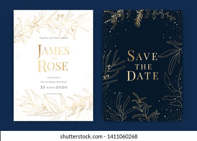 Navy blue Wedding Invitation, floral invite thank you, rsvp modern card Design in Golden leaf greenery  branches decorative Vector elegant rustic template