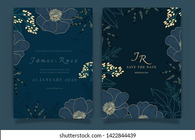 Navy Blue Wedding Invitation, floral invite thank you, rsvp modern card Design in gold peony with red berry and leaf greenery  branches decorative Vector elegant rustic template