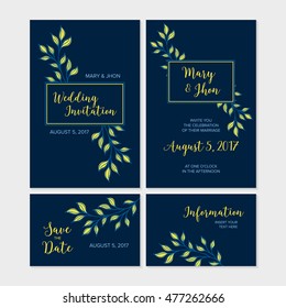 Navy blue wedding invitation template design with hand drawn branches. Wedding card, wedding invitation, save the date, information card.