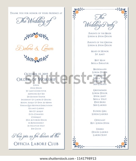 Navy Blue Wedding Program Vector Illustration Stock Vector