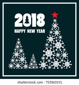 Navy blue and white background with 2018, christmas trees. Decorative backdrop vector. Hand drawn poster design, english text. Happy New Year, festal greeting card. Winter time