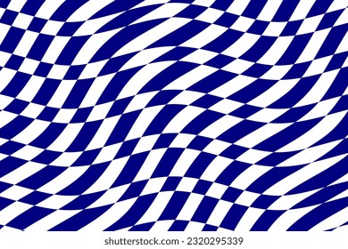 Navy blue and white checkered flag texture background vector. Wavy tartan plaid fabric pattern. Wave stripes ethnic pattern. Abstract geometric shapes.