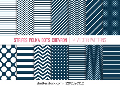 Vektor-Muster von Navy Blue und White Chevron, Polka Dots und Diagonal und Horizontal Streifen. Moderne minimale neutrale Hintergründe. Verschiedene Größenbereiche und Linien. Klappenuhren inbegriffen.