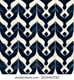 Navy blue and white chevron shapes, grunge lines ikat pattern, striped seamless pattern, Vector illustration background for print the paper.