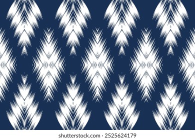 Padrão Ikat Azul e Branco com Penas da Marinha para Decoração de Casa Elegante, Têxteis de Moda Moderna e Projetos de Artesanato Artístico.