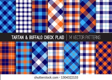 Patrones de vectores de la placa Tartán y Búfalo, azul, blanco y naranja. Hipster Lumberjack Flannel Pantalones Texturas de tela. Moda masculina de verano. Se incluyen relojes de mosaico de patrones