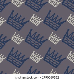 Navy blue and white outline crown ornament seamless pattern. Dark grey background. Great for wrapping paper, textile, fabric print and wallpaper. Vector illustration.