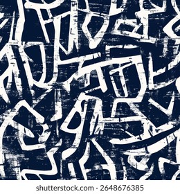 Navy blue and white pattern of graffiti-style text,  on linen fabric print pattern, cotton, silk, vector illustration, doodle summer, kids and baby designs for print fabric.
