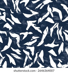 Padrão azul e branco da marinha de silhuetas na forma de barbatanas, em tecido de linho padrão de impressão, algodão, seda, ilustração vetorial, verão doodle, crianças e desenhos de bebê para tecido de impressão.