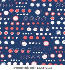 Navy blue white polka dot circles. Vector pattern seamless background. Hand drawn texture style. Tiny small dotty illustration. Trendy nautical home decor, maritime fashion print, modern wallpaper.