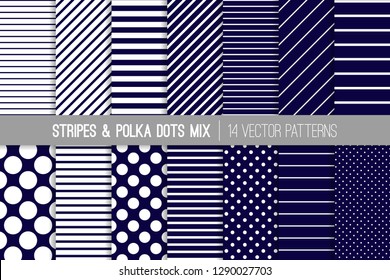 Navy Blue and White Polka Dots and Diagonal and Horizontal Stripes Vector Patterns. Modern Minimal Neutral Backgrounds. Various Size Spots and Lines. Tile Swatches Included.