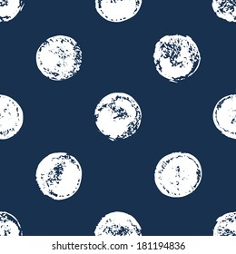Navy blue and white sponge print polka dot grunge seamless pattern, vector