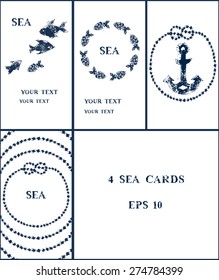 Navy blue and white sponge print style grunge illustration of an anchor, fishes and marine knots and ropes, vertical business cards or banners, vector