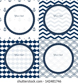 Navy blue and white travel round frames set on chevron, scalloped and anchor patterned backgrounds, vector
