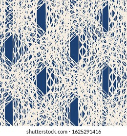 Navy Blue and White Vector seamless check pattern. Allover pattern. Ink grunge grid. Hand drawn seamless check pattern. Graphic background with ethnic tartan. Seamless check pattern background.