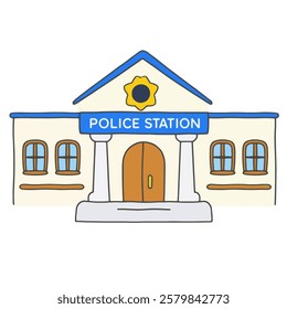 A navy blue white walls police station Cartoon, Hand drawing illustration, perfect for law enforcement, security visuals, and urban safety themes.