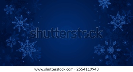Navy blue winter background with snowflakes. Christmas frame with copy space. Xmas night sky deep blue gradient color for banner backdrop, greeting card, holiday header. Snow border vector design.