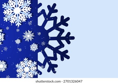 Navy blue winter snowflakes background with paper cut design. Christmas backdrop with copy space.