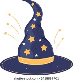 Navy blue wizard hat with golden stars and trim. Magical sorcerer s hat with twinkling stars vector illustration.