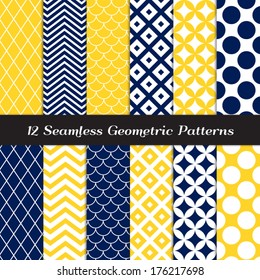 Navy Blue, Yellow and White Retro Geometric Seamless Patterns. Nautical Mod Backgrounds in Jumbo Polka Dot, Diamond Lattice, Scallops, Quatrefoil and Chevron. Pattern Swatches made with Global Colors.