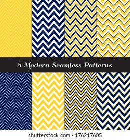 Navy Blue, Yellow and White Thick and Thin Chevron Seamless Patterns. Navy Yellow Nautical Backgrounds. Pattern Swatches included and made with Global Colors.