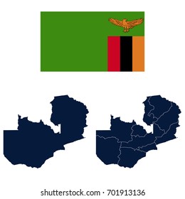 Navy Blue Zambia Map and Flag isolated on white background. Vector illustration eps 10.