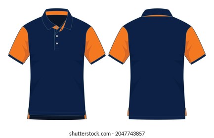 Navy blue-orange short-sleeve polo shirt with a short front and long back hem design on a white background. Front and back views, vector file.