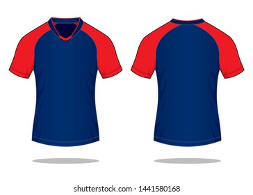 Navy Blue-Red Raglan Soccer Shirt Design On White Background.
Front And Back View, Vector File.